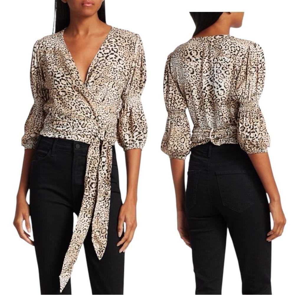 FAITHFULL THE BRAND Bisset Leopard Print Wrap Top Size Small